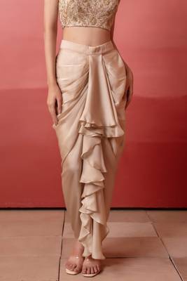 Beige champagne gold handwork georgette draped skirt set with shrug for women 5