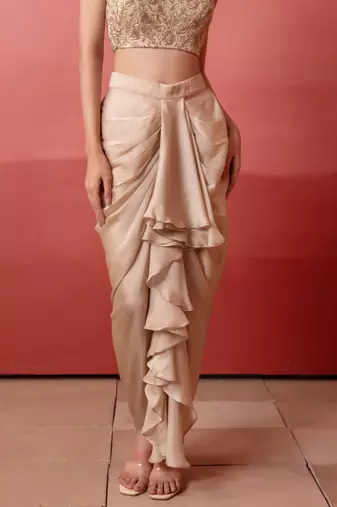 Beige champagne gold handwork georgette draped skirt set with shrug for women