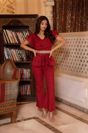 Magenta solid georgette v-neck ruffle top & flared pant co-ord set for women