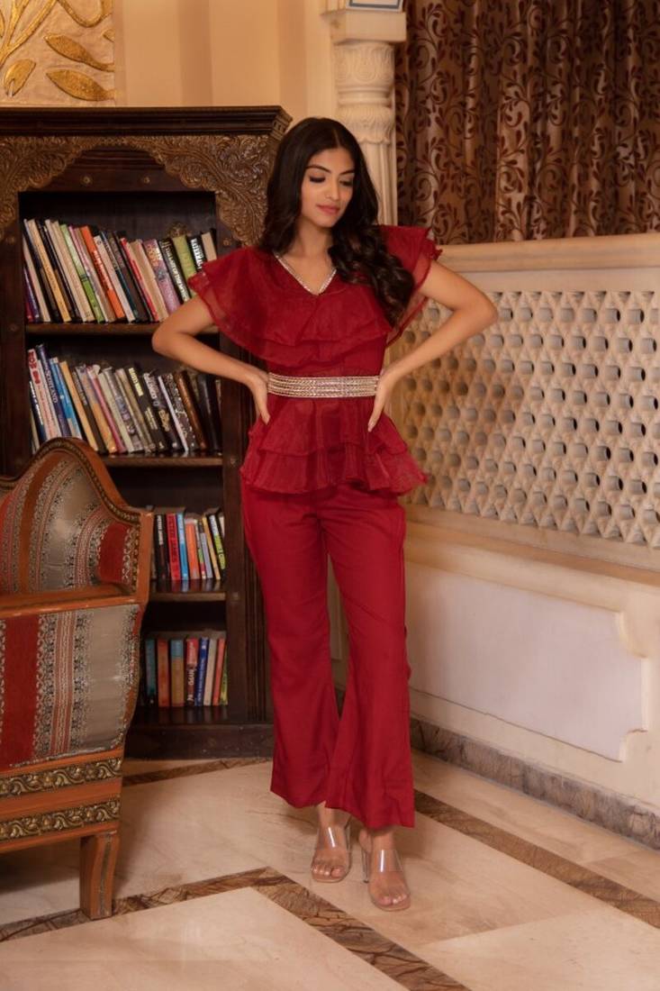 Magenta solid georgette v-neck ruffle top & flared pant co-ord set for women