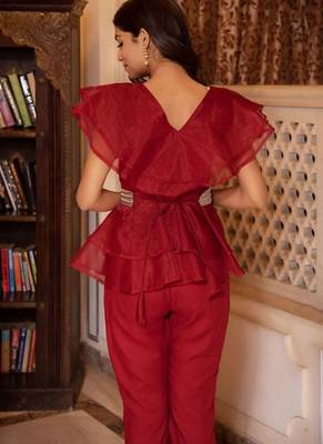 Magenta solid georgette v-neck ruffle top & flared pant co-ord set for women 2
