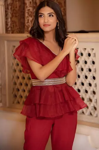 Magenta solid georgette v-neck ruffle top & flared pant co-ord set for women