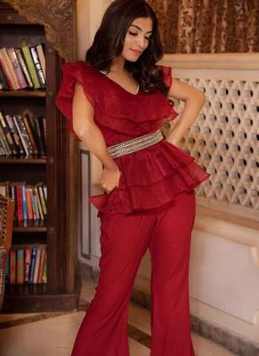 Magenta solid georgette v-neck ruffle top & flared pant co-ord set for women 5