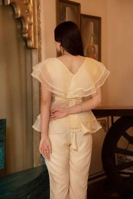 Beige solid georgette v-neck ruffle top & flared pant co-ord set for women 2