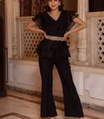 Black solid georgette v-neck ruffle top & flared pant co-ord set for women