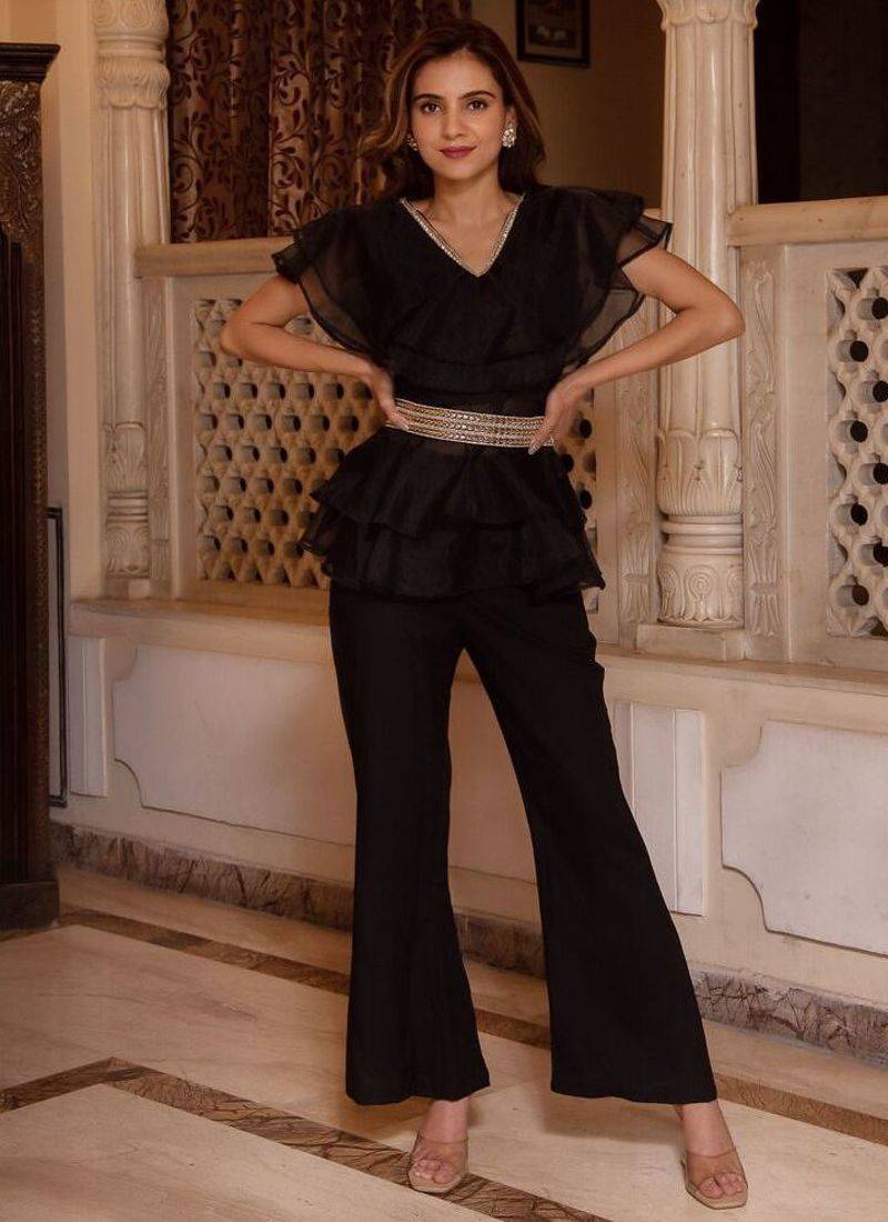 Black solid georgette v-neck ruffle top & flared pant co-ord set for women