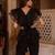 Black solid georgette v-neck ruffle top & flared pant co-ord set for women