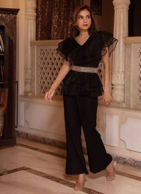 Black solid georgette v-neck ruffle top & flared pant co-ord set for women 3