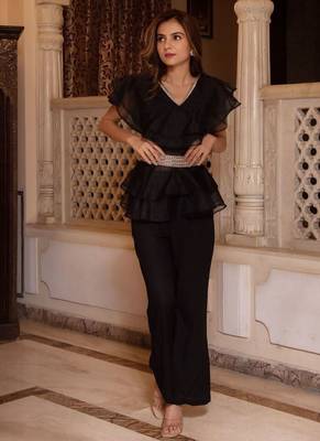 Black solid georgette v-neck ruffle top & flared pant co-ord set for women 4