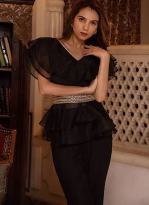 Black solid georgette v-neck ruffle top & flared pant co-ord set for women 5