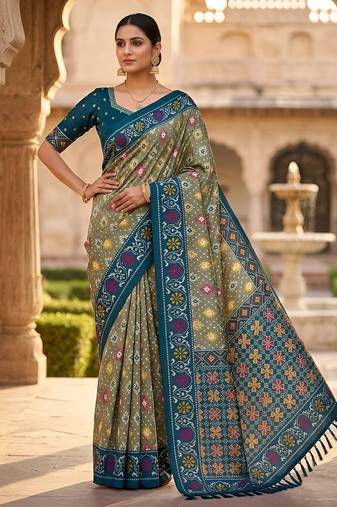 Green patola silk saree with zari weaving meenakari patola design
