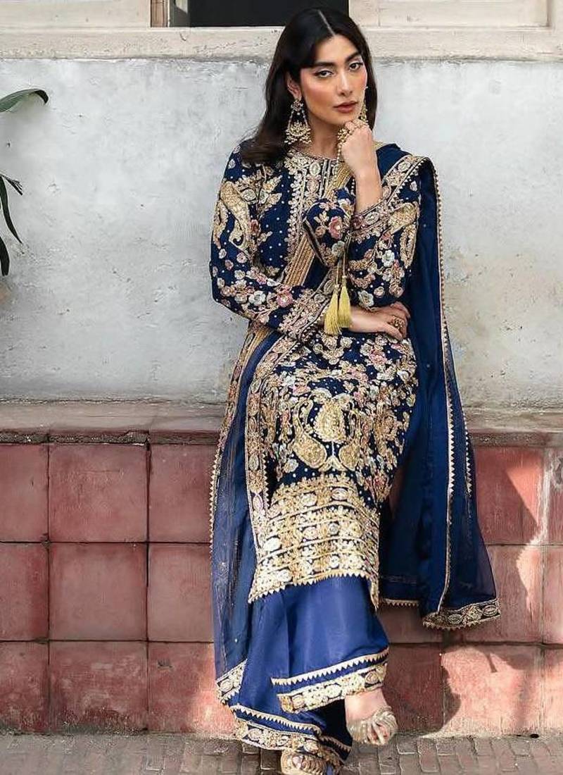 Navy blue georgette embroidered palazzo suit