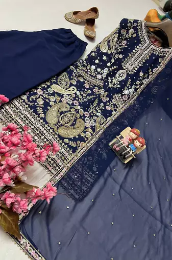 Navy blue georgette embroidered palazzo suit