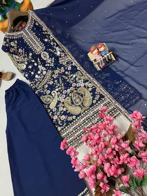 Navy blue georgette embroidered palazzo suit 3