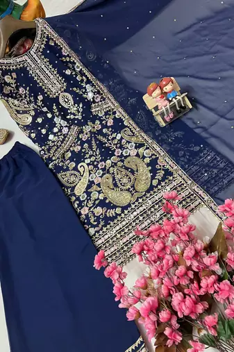 Navy blue georgette embroidered palazzo suit