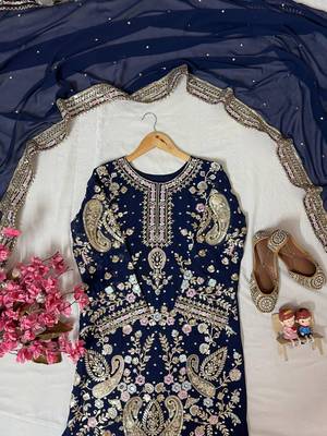 Navy blue georgette embroidered palazzo suit 4