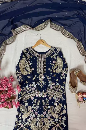 Navy blue georgette embroidered palazzo suit