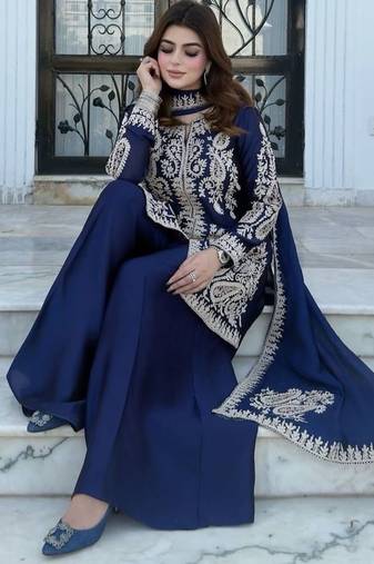 Navy blue designer rangoli silk kurti palazzo with dupatta