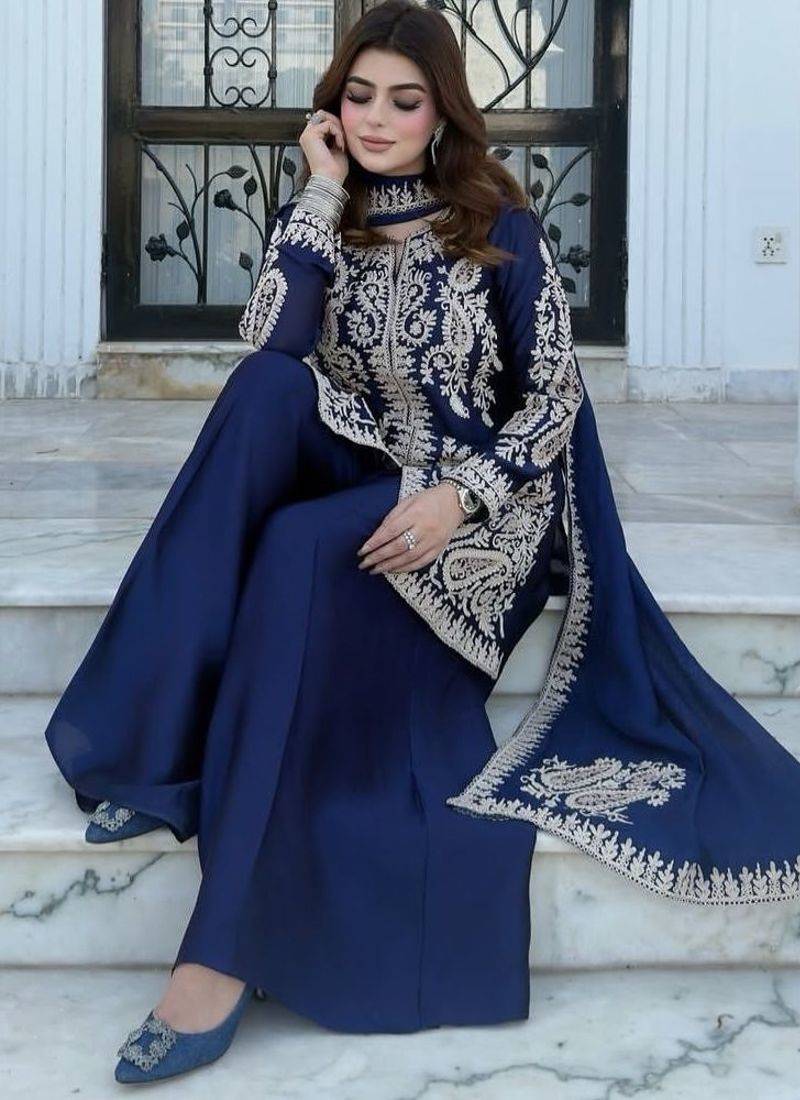 Navy blue designer rangoli silk kurti palazzo with dupatta