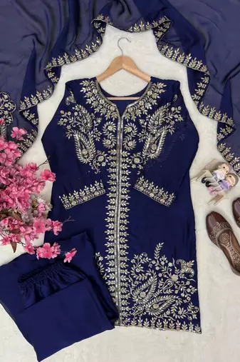 Navy blue designer rangoli silk kurti palazzo with dupatta
