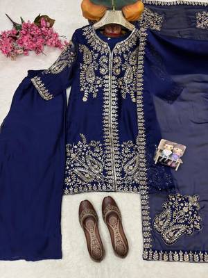 Navy blue designer rangoli silk kurti palazzo with dupatta 3