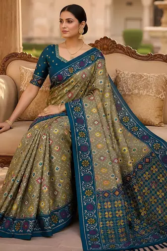 Green patola silk saree with zari weaving meenakari patola design