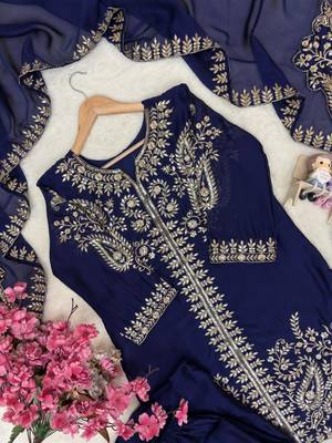 Navy blue designer rangoli silk kurti palazzo with dupatta 4