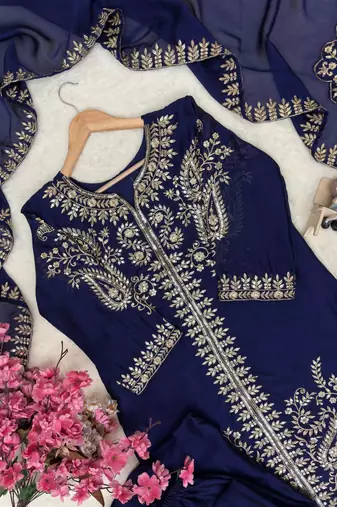 Navy blue designer rangoli silk kurti palazzo with dupatta
