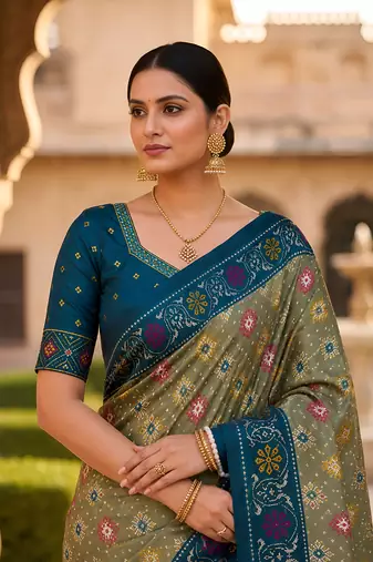 Green patola silk saree with zari weaving meenakari patola design