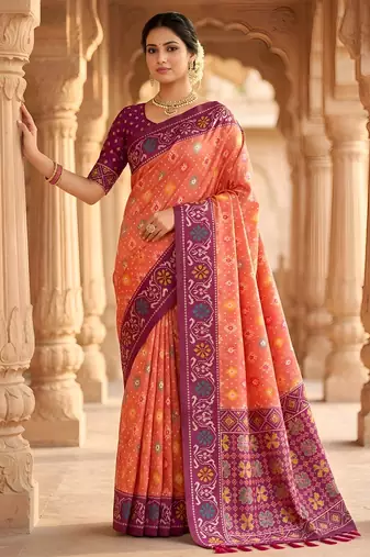 Peach patola silk saree with zari weaving meenakari patola design