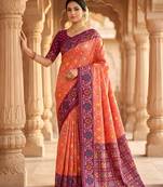 Peach patola silk saree with zari weaving meenakari patola design