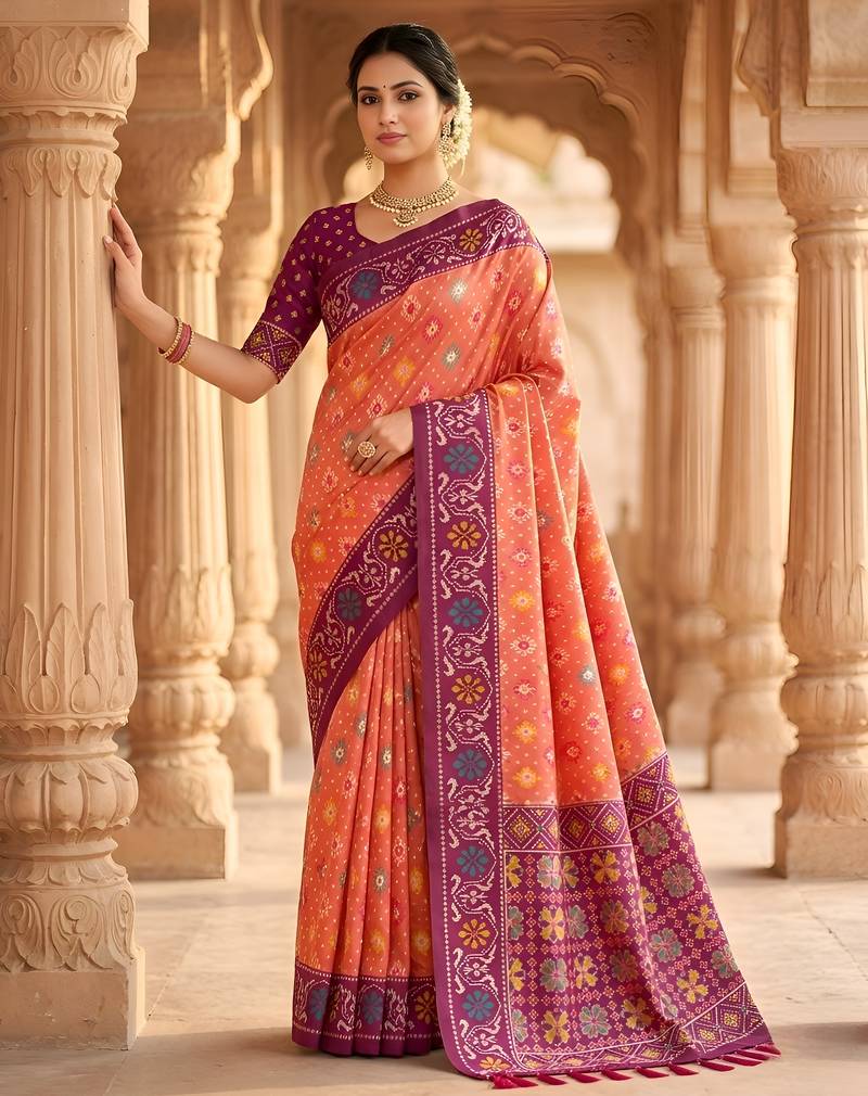 Peach patola silk saree with zari weaving meenakari patola design