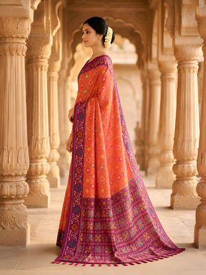 Peach patola silk saree with zari weaving meenakari patola design 2