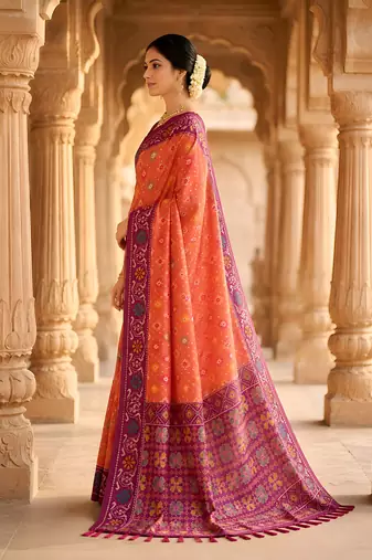 Peach patola silk saree with zari weaving meenakari patola design