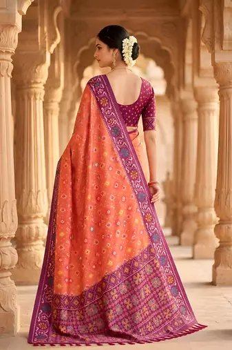 Peach patola silk saree with zari weaving meenakari patola design