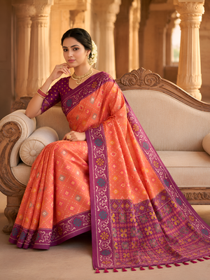 Peach patola silk saree with zari weaving meenakari patola design 4