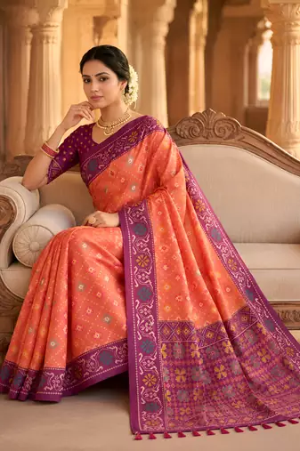 Peach patola silk saree with zari weaving meenakari patola design