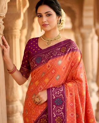 Peach patola silk saree with zari weaving meenakari patola design 5