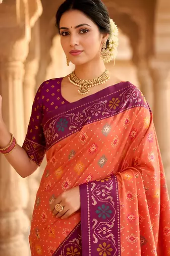 Peach patola silk saree with zari weaving meenakari patola design