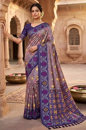 Onion pink patola silk saree with zari weaving meenakari patola design