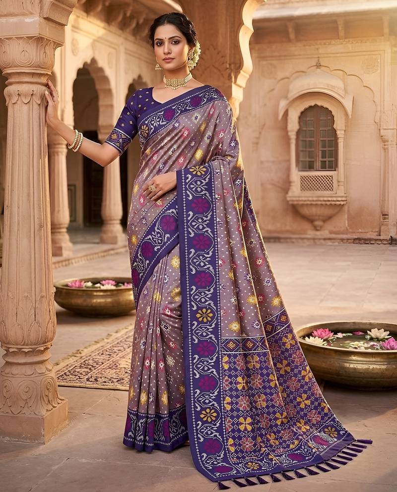 Onion pink patola silk saree with zari weaving meenakari patola design