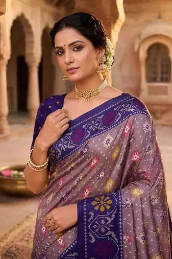 Onion pink patola silk saree with zari weaving meenakari patola design