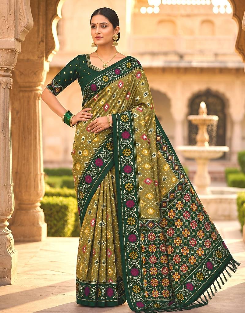 Green patola silk saree with zari weaving  meenakari patola design
