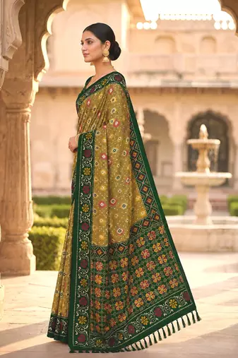Green patola silk saree with zari weaving  meenakari patola design