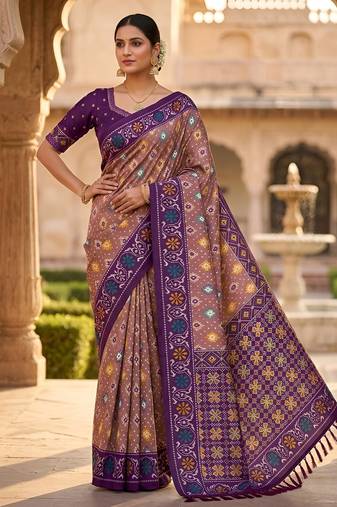 Onion pink patola silk saree with zari weaving meenakari patola design
