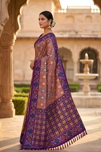 Onion pink patola silk saree with zari weaving meenakari patola design