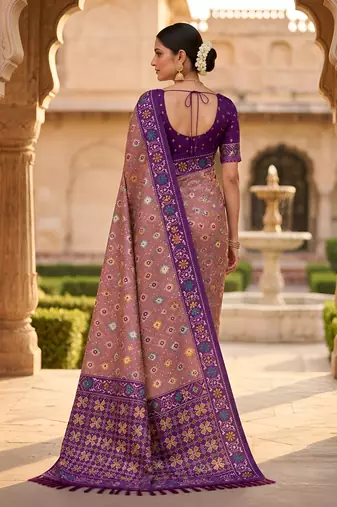 Onion pink patola silk saree with zari weaving meenakari patola design