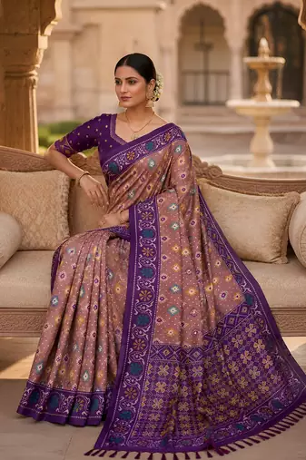 Onion pink patola silk saree with zari weaving meenakari patola design