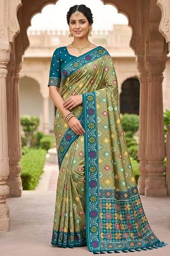 Green patola silk saree with zari weaving meenakari patola design
