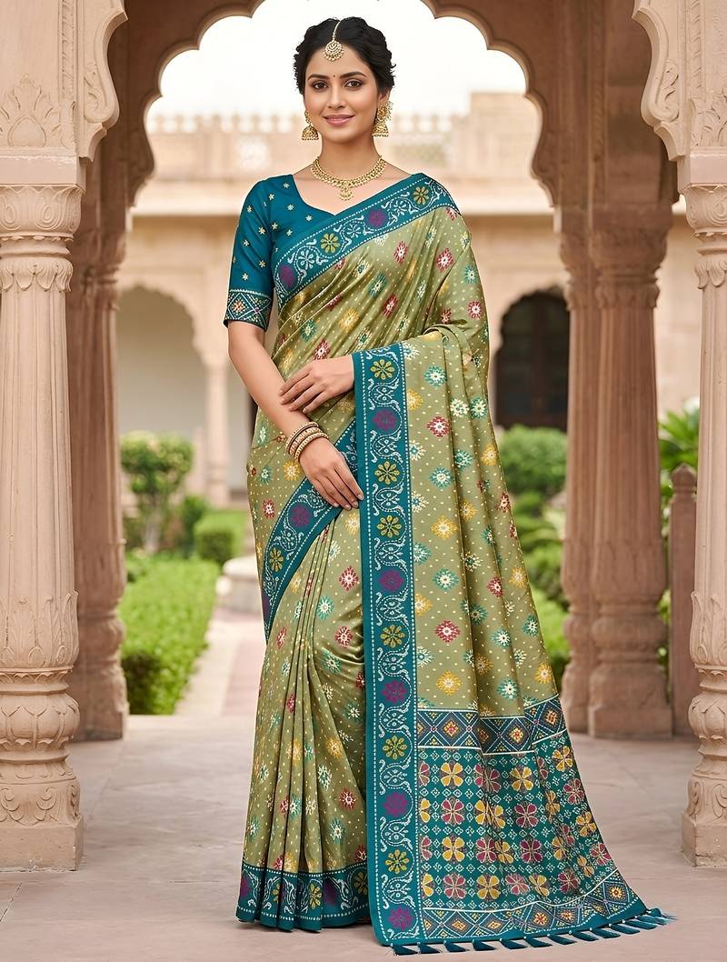 Green patola silk saree with zari weaving meenakari patola design